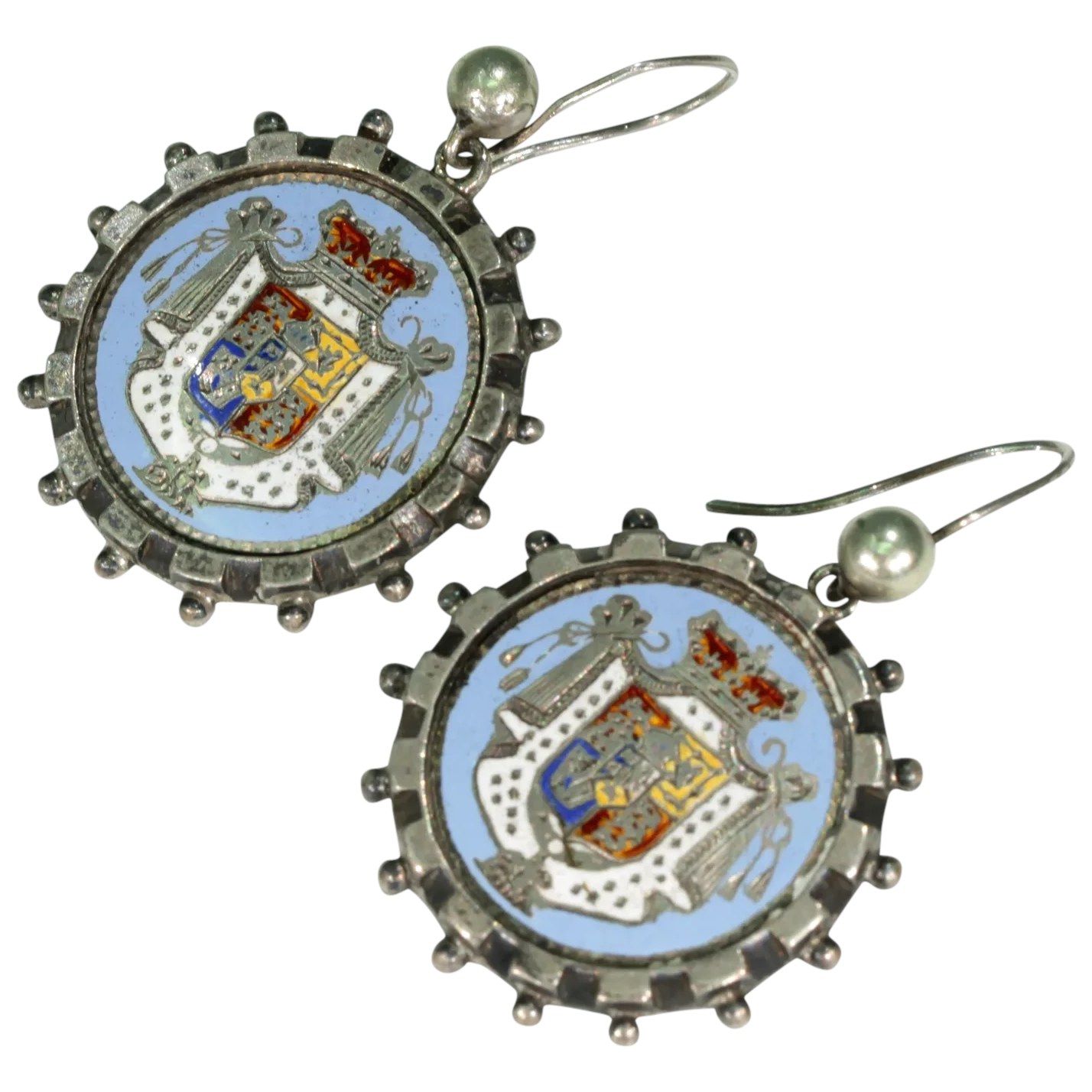 Antique Sterling Silver Enamel Earrings Coat of Arms