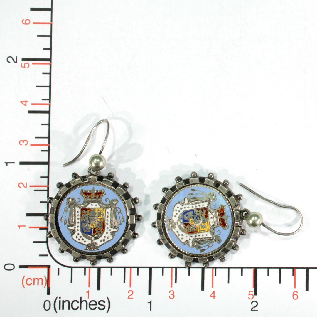 Antique Sterling Silver Enamel Earrings Coat of Arms
