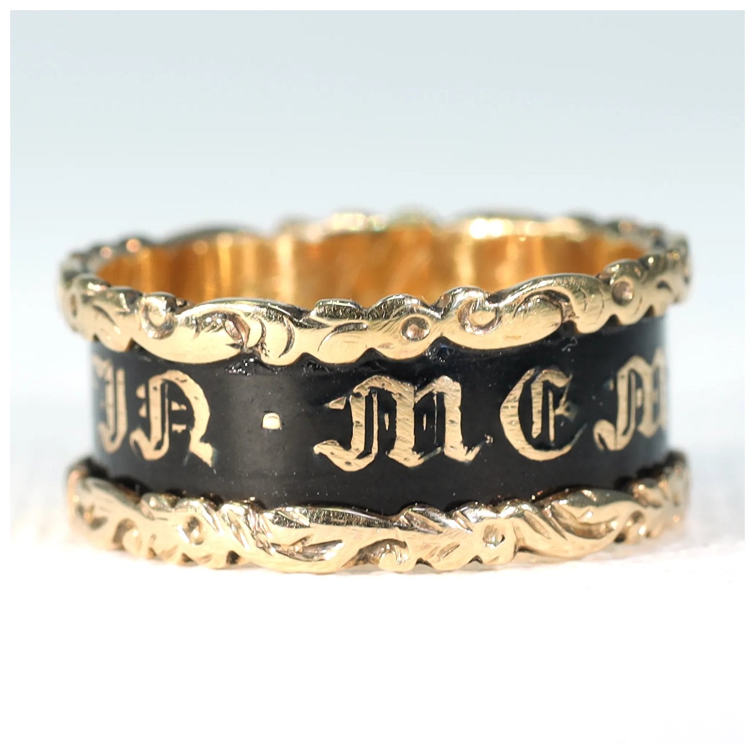 Antique Victorian Black Enamel In Memory Of Memorial Band Ring Inscribed