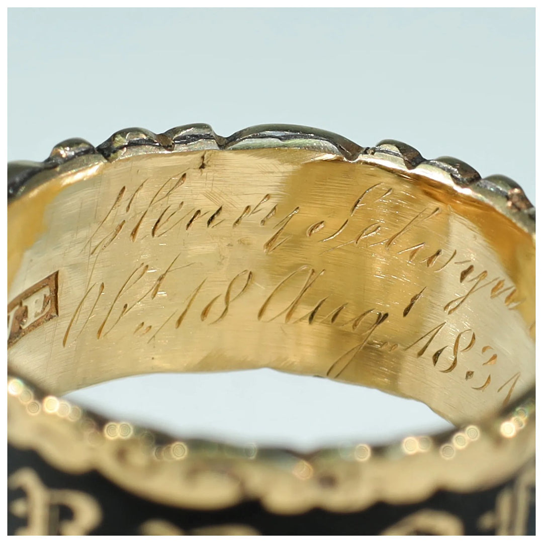 Antique Victorian Black Enamel In Memory Of Memorial Band Ring Inscribed