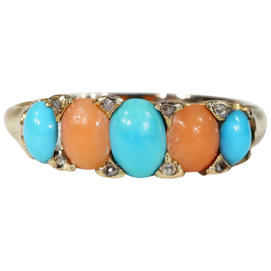 Antique Victorian Coral Turquoise Diamond Ring 18k Gold