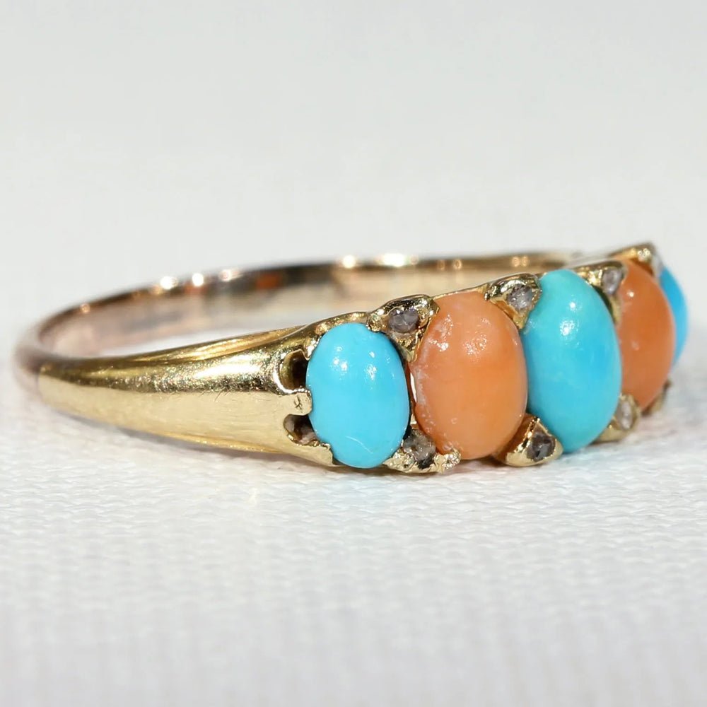 Antique Victorian Coral Turquoise Diamond Ring 18k Gold