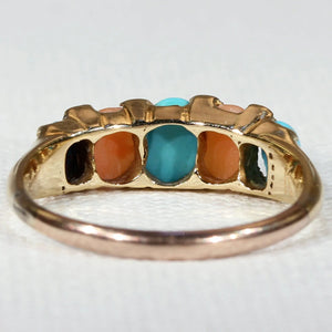 Antique Victorian Coral Turquoise Diamond Ring 18k Gold