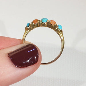 Antique Victorian Coral Turquoise Diamond Ring 18k Gold