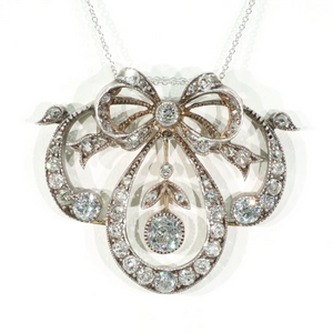 Antique Victorian Diamond Bow Necklace 15k Gold Silver Set