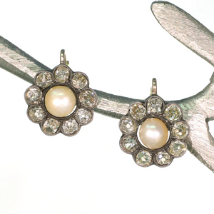 Antique Victorian Diamond Pearl Cluster Earrings 18k Silver Set in Box
