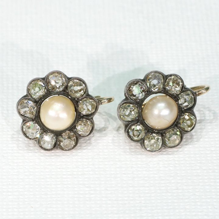 Antique Victorian Diamond Pearl Cluster Earrings 18k Silver Set in Box