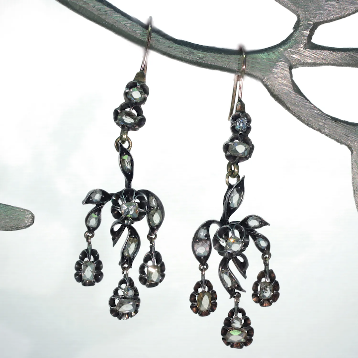 Antique Victorian Early Cut Diamond Chandelier Earrings