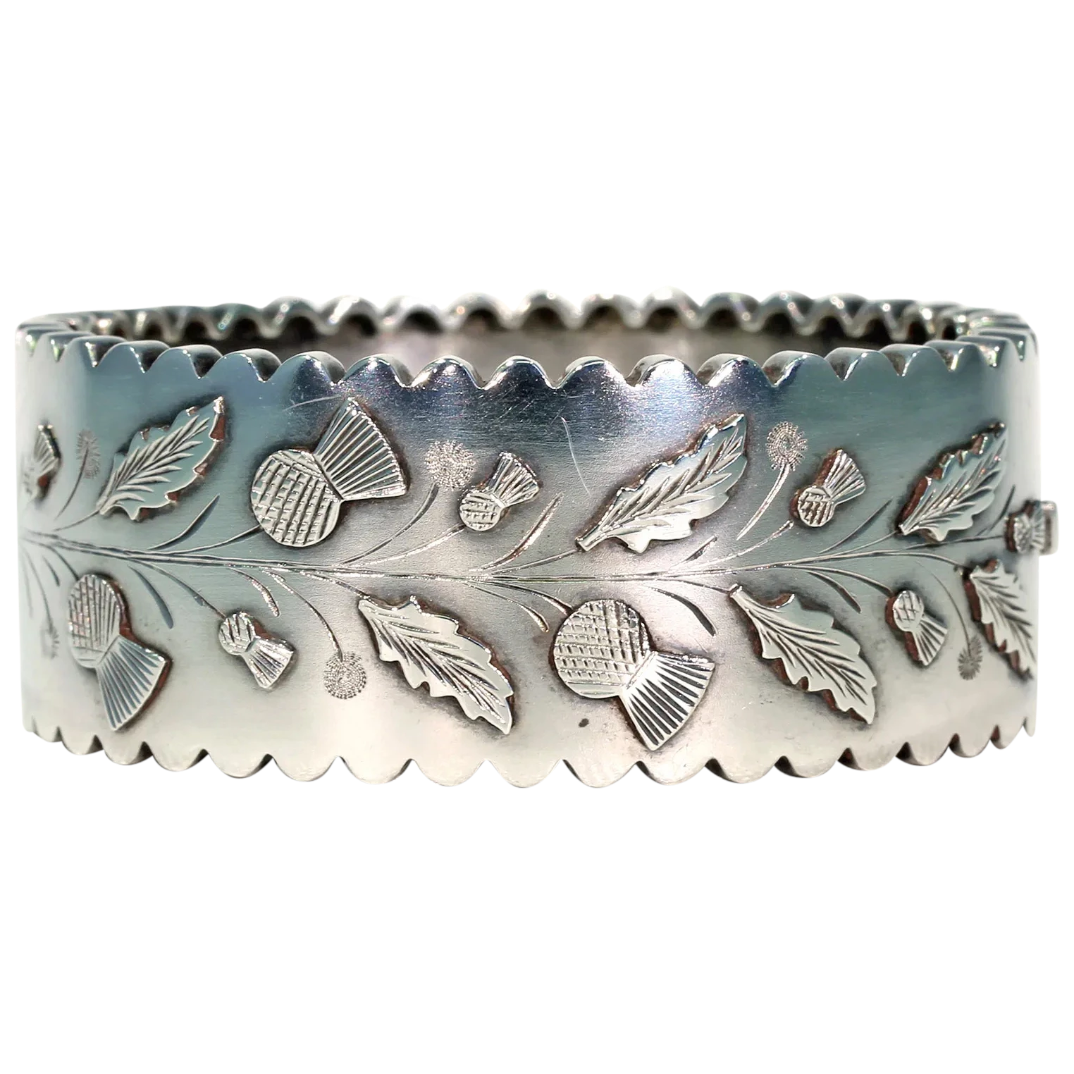 Antique Victorian Embossed Silver Bangle, Thistles & Leaves