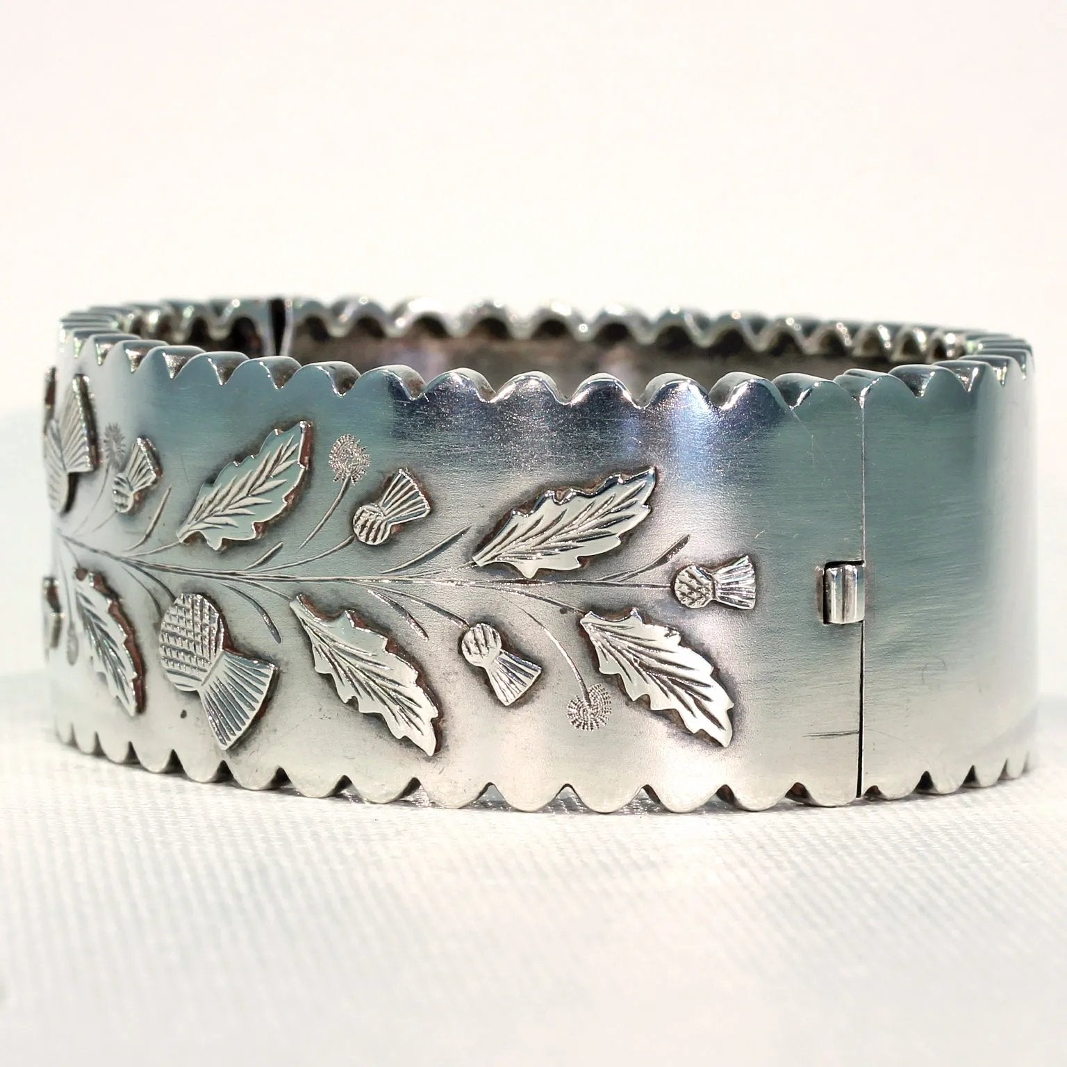 Antique Victorian Embossed Silver Bangle, Thistles & Leaves