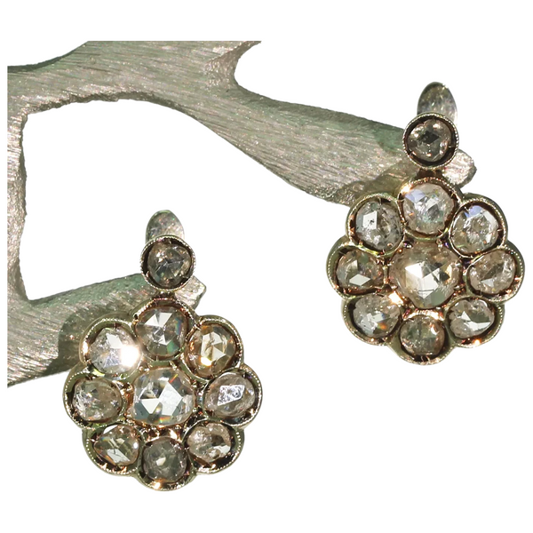 Pear Rose Cut Diamond Earrings 18K Yellow Gold & Sterling Silver