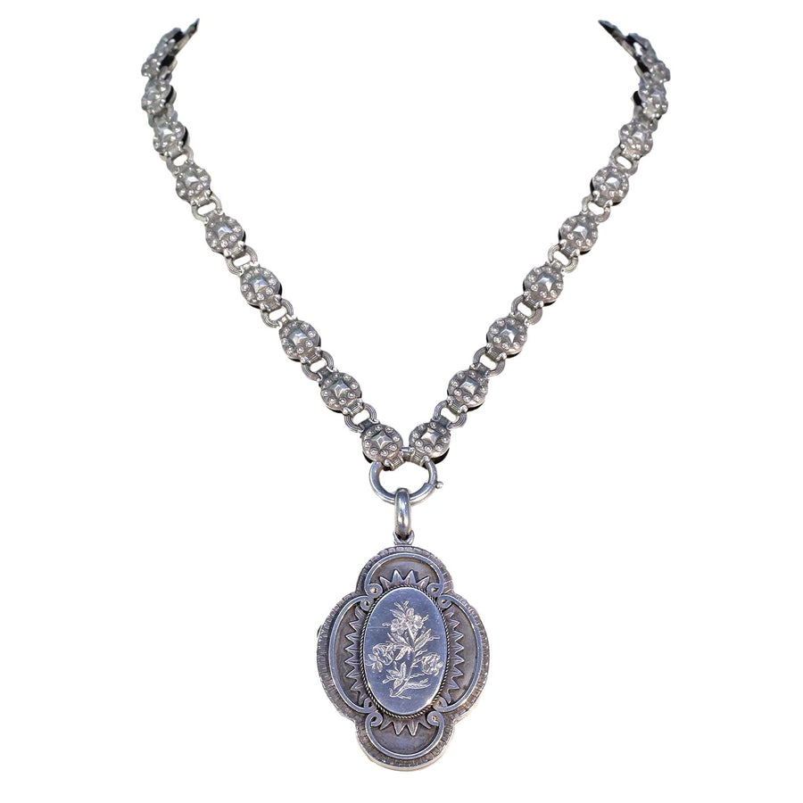 Antique Victorian Silver Collar and Locket Necklace with Floral Engraving