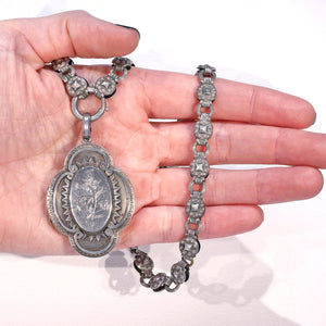Antique Victorian Silver Collar and Locket Necklace with Floral Engraving