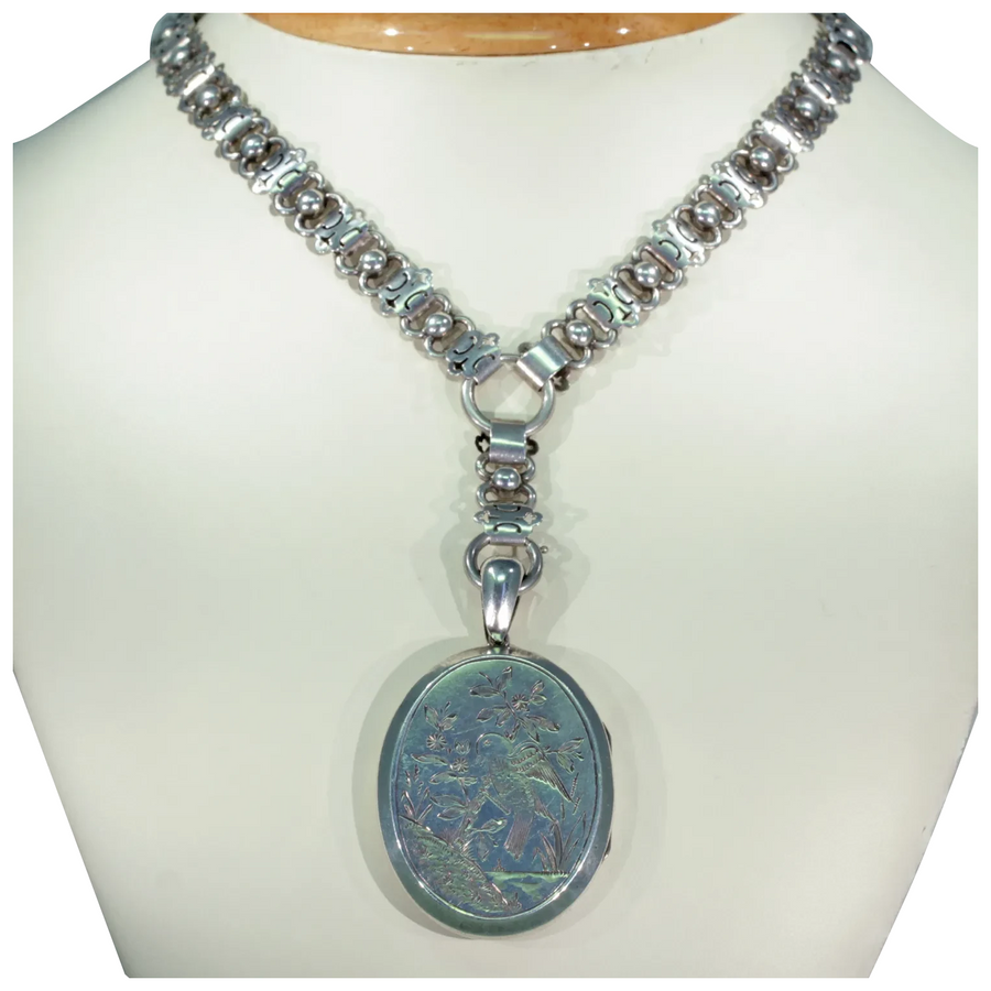 Antique Victorian Silver Collar and Locket Necklace