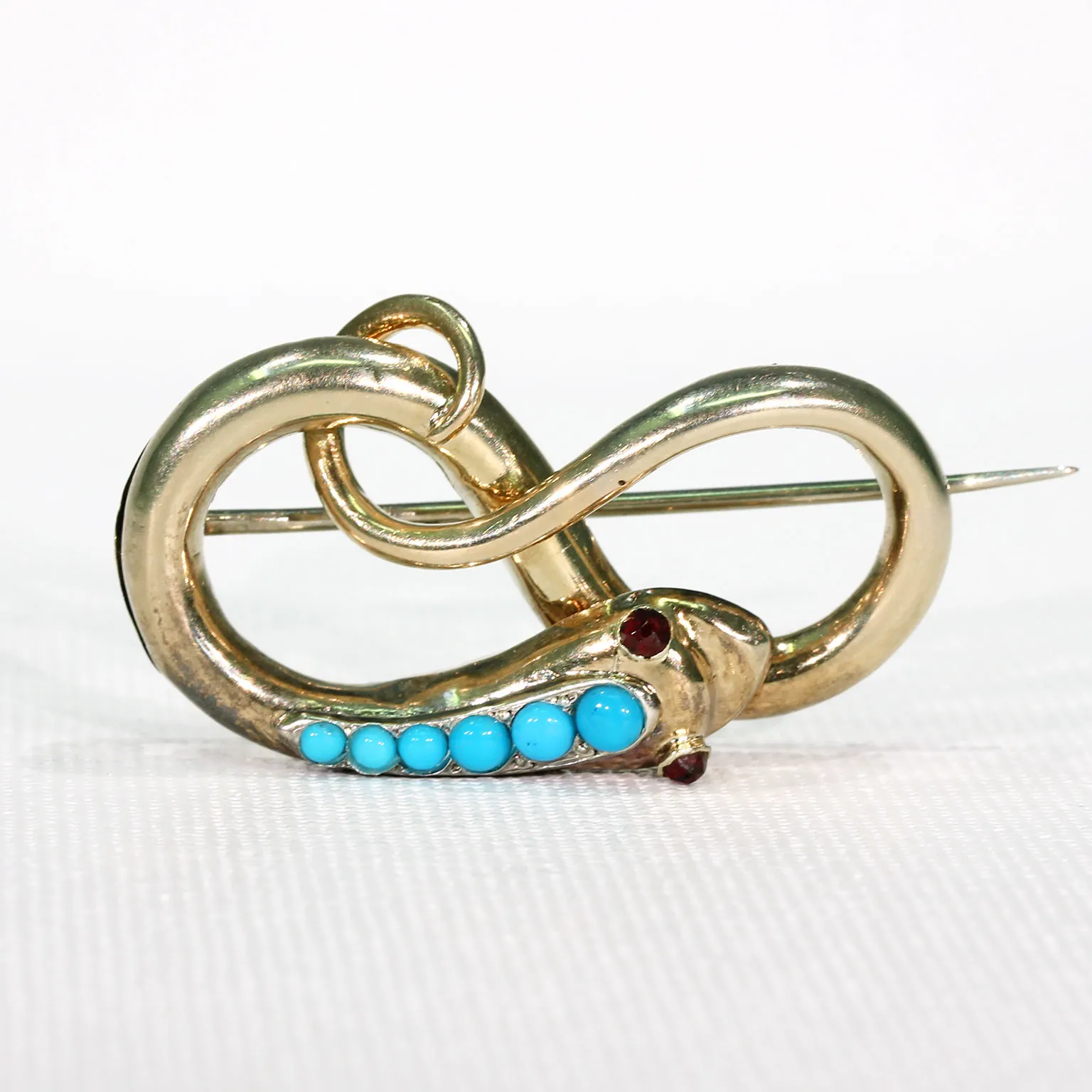 Antique Victorian Turquoise Garnet Gold Snake Brooch Pin