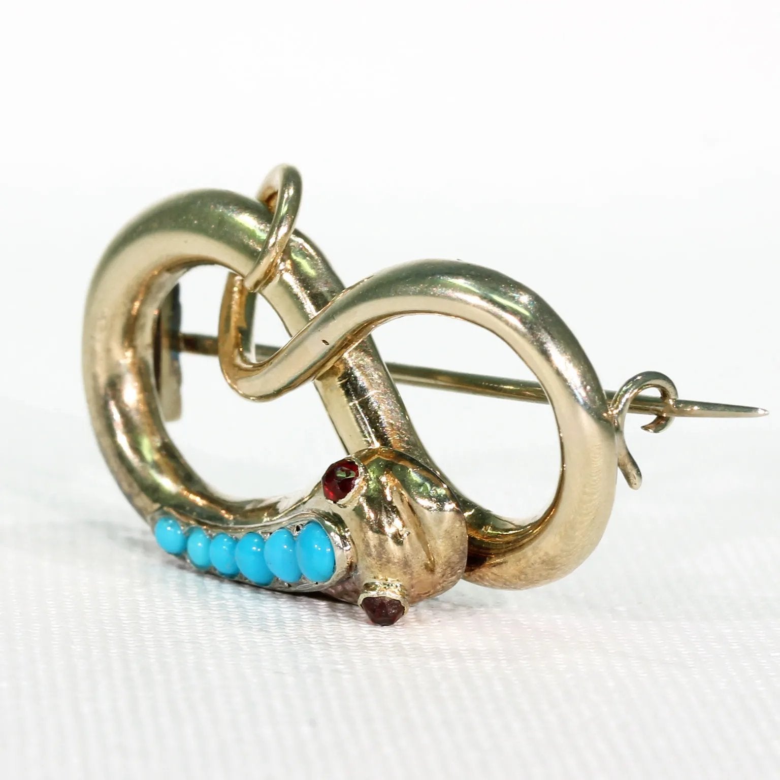 Antique Victorian Turquoise Garnet Gold Snake Brooch Pin