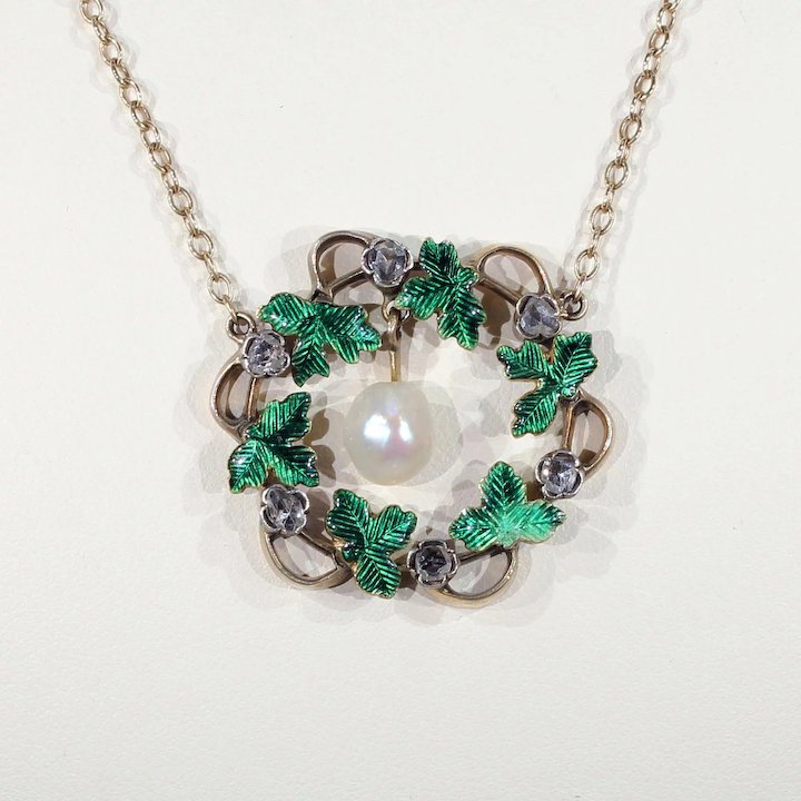 Antique Victorian Wreath Pendant Diamond Pearl Enamel