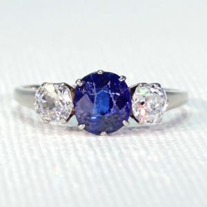 Art Deco Blue Sapphire Diamond 3 Stone Ring