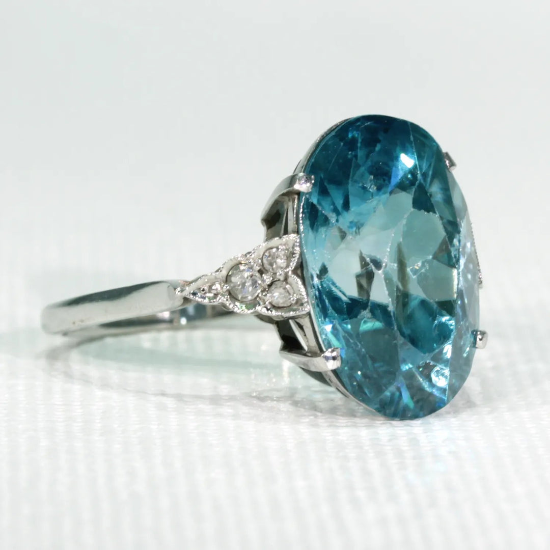 Art Deco Blue Zircon Diamond Ring Platinum