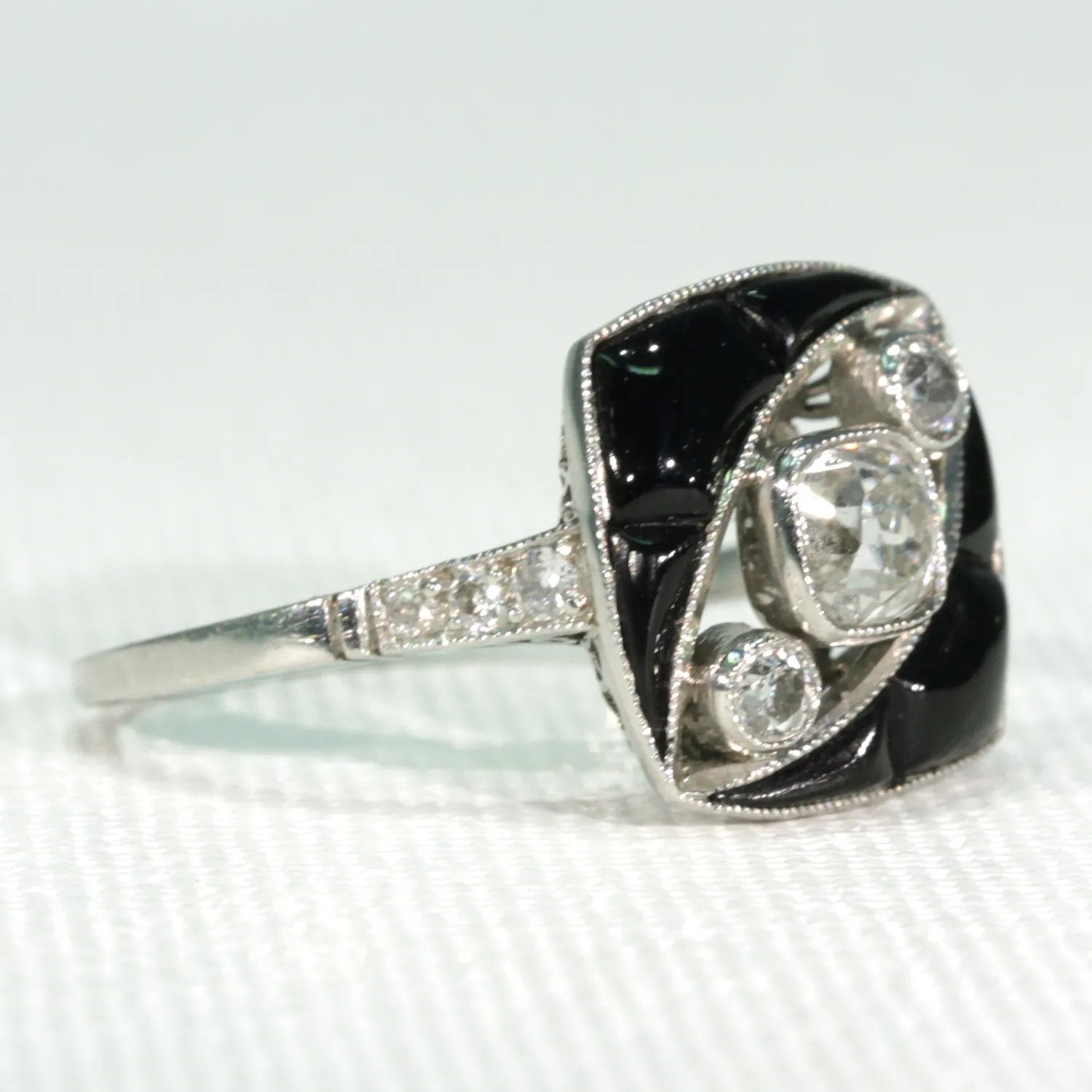 Art Deco Onyx Diamond Ring Platinum 1920s