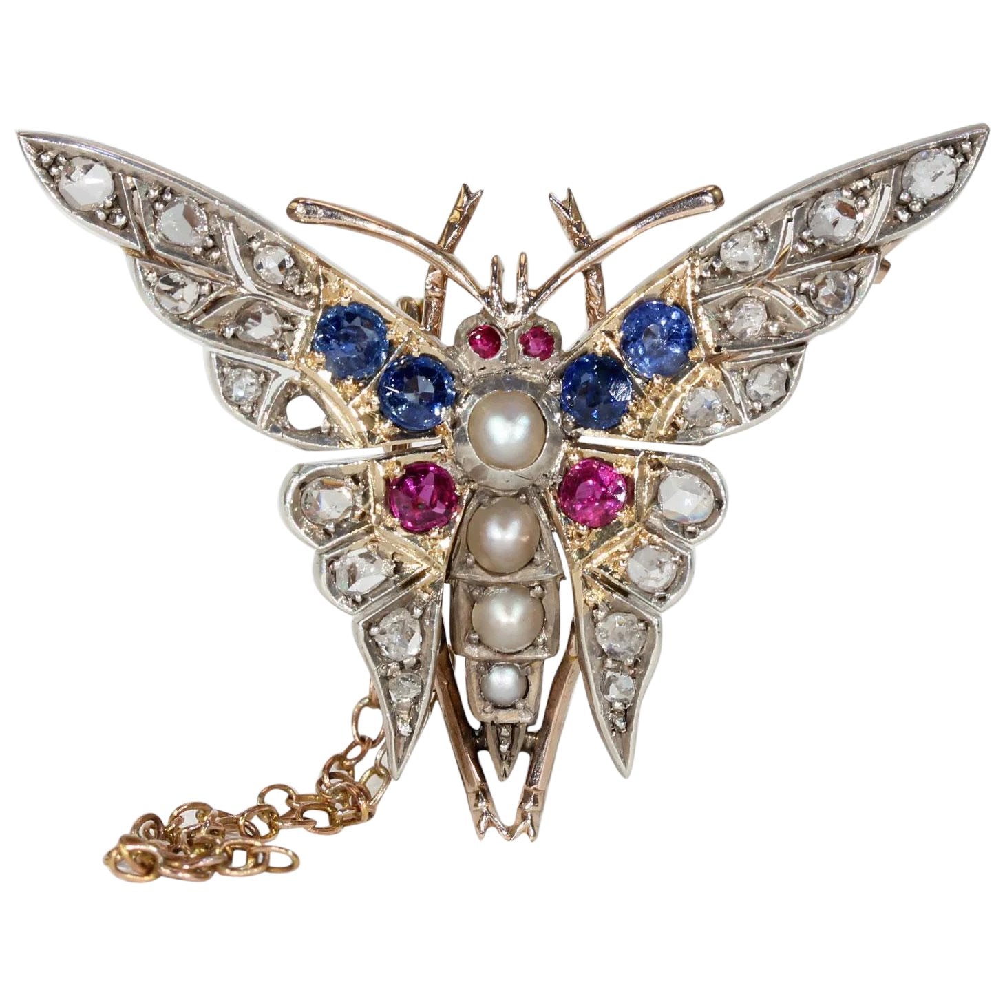 Art Deco Ruby Diamond Sapphire Pearl Brooch Pin Butterfly