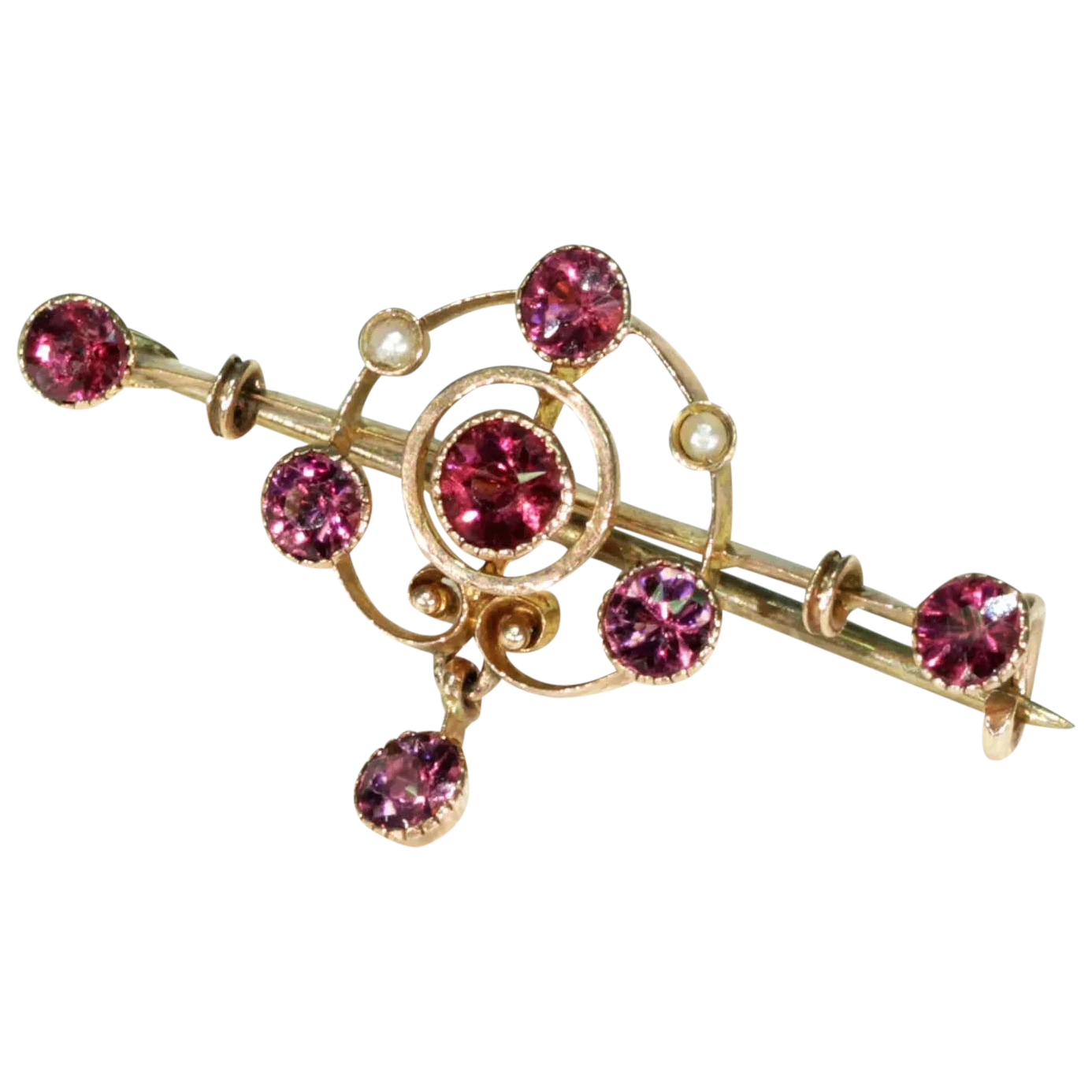 Art Nouveau Garnet Pearl Gold Bar Brooch