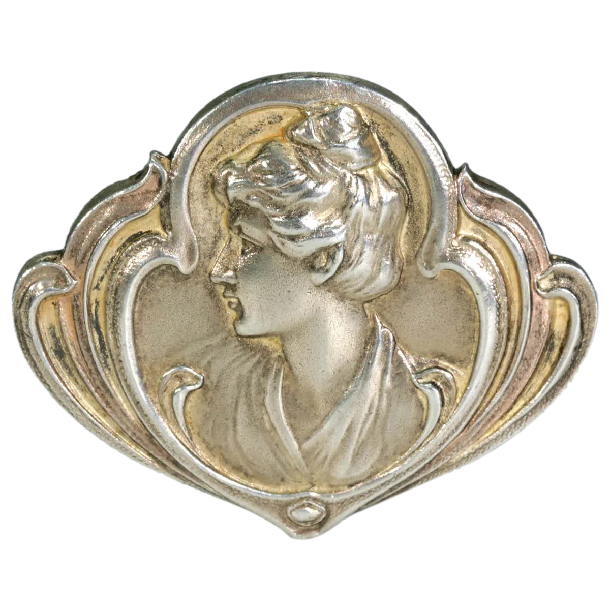 Antiquaria Art Nouveau Jugendstil Silver Brooch Pin Woman in Profile