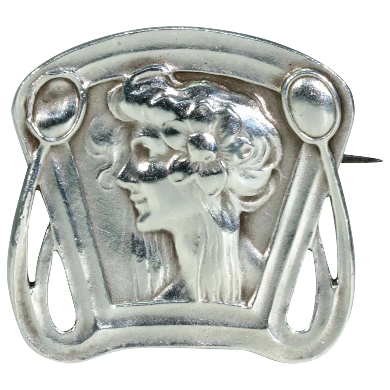 Antiquaria Art Nouveau Jugendstil Silver Brooch Pin Woman in Profile