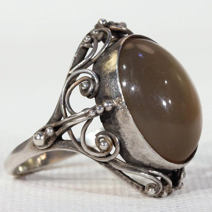 Arts & Crafts Era Brown Agate Floral Ring