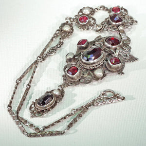 Austro Hungarian Silver Garnet Pearl Necklace Dragon Motif