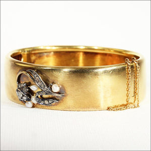 Antique 18k Gold Bangle Bracelet with Lily of the Valley Flowers in Diamonds and Pearls