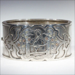 Antique Victorian Kate Greenaway Silver Bangle with Gold Accents
