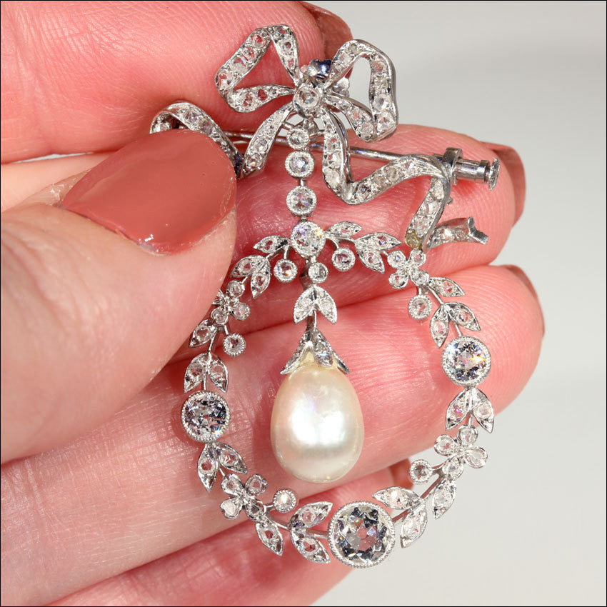 Edwardian Diamond, Pearl and Platinum Pendant Brooch, Garland Era Convertible