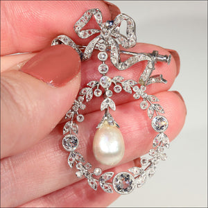 Edwardian Diamond, Pearl and Platinum Pendant Brooch, Garland Era