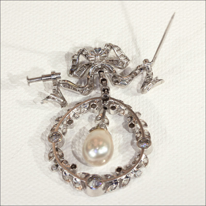 Edwardian Diamond, Pearl and Platinum Pendant Brooch, Garland Era Convertible