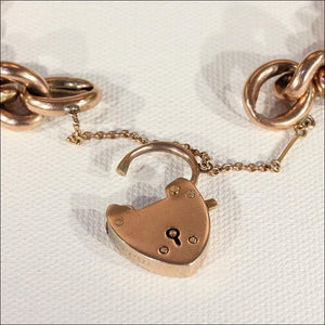 Lovely Antique 9k Rose Gold Curb Link Bracelet with Heart Lock Clasp