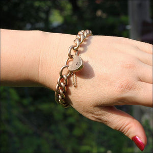 Lovely Antique 9k Rose Gold Curb Link Bracelet with Heart Lock Clasp