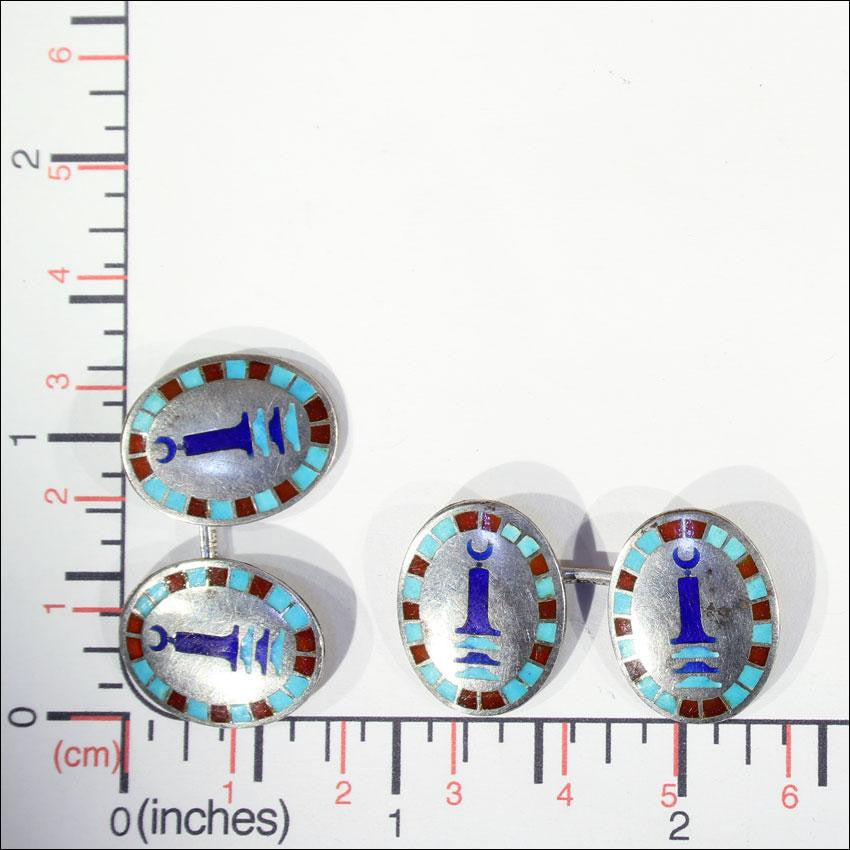 Vintage Art Deco Egyptian Revival Cufflinks, Sterling Silver and Enamel