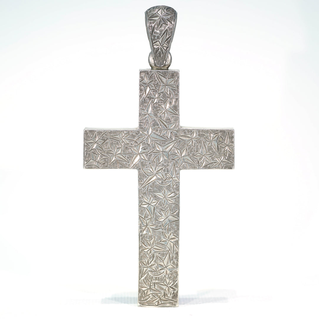 Large Victorian Silver Engraved Cross Pendant Ivy Leaves