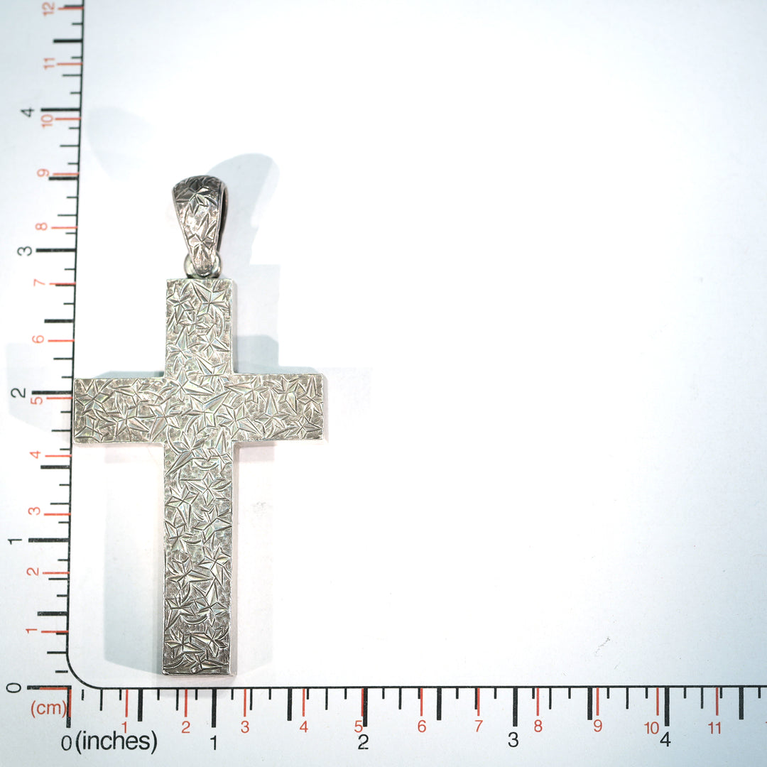 Large Victorian Silver Engraved Cross Pendant Ivy Leaves
