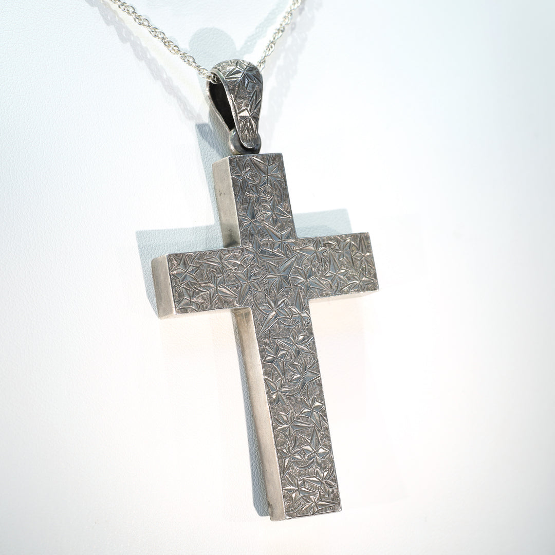 Large Victorian Silver Engraved Cross Pendant Ivy Leaves