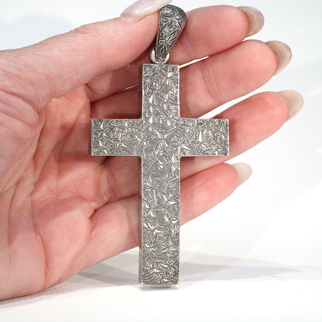 Large Victorian Silver Engraved Cross Pendant Ivy Leaves