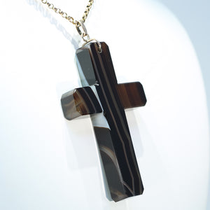Antique Victorian Banded Agate Carved Cross Pendant
