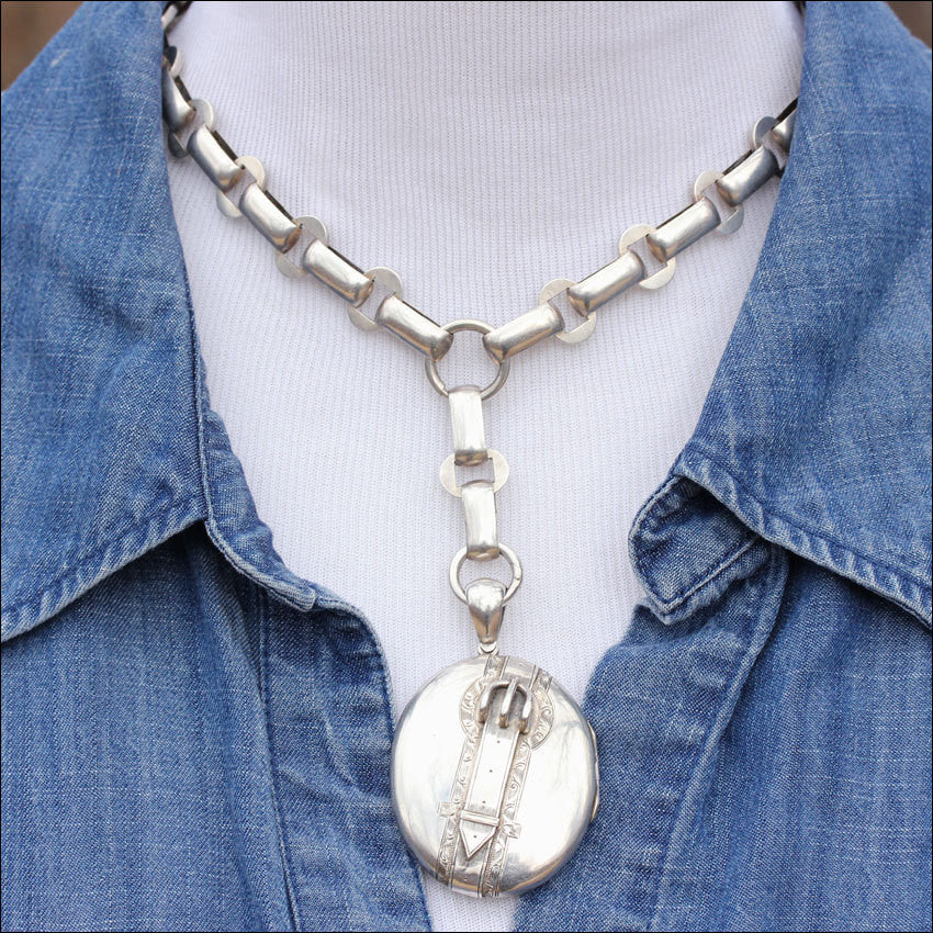 Antique Victorian Collar and Locket Necklace with Buckle Motif Locket in Sterling Silver