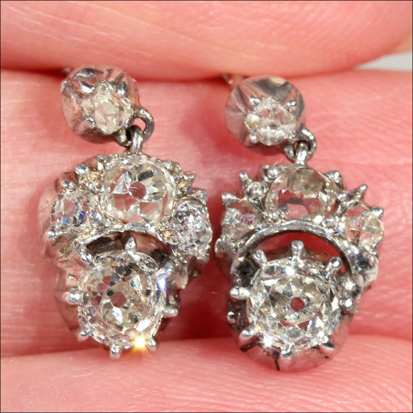 Antique Early Victorian Diamond Earrings in Silver and Gold, c. 1850