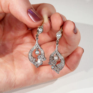 Antique Edwardian Diamond Pearl Earrings 18k Gold Platinum