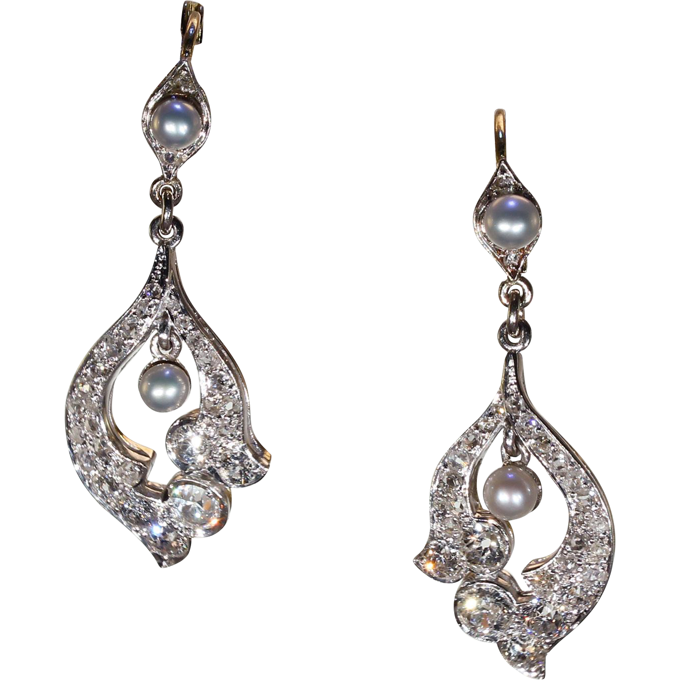 Antique Edwardian Diamond Pearl Earrings 18k Gold Platinum