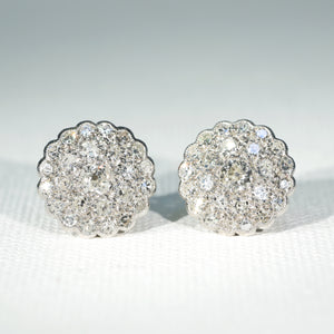 Vintage Diamond Cluster Earrings 18k White Gold 2.85 cttw