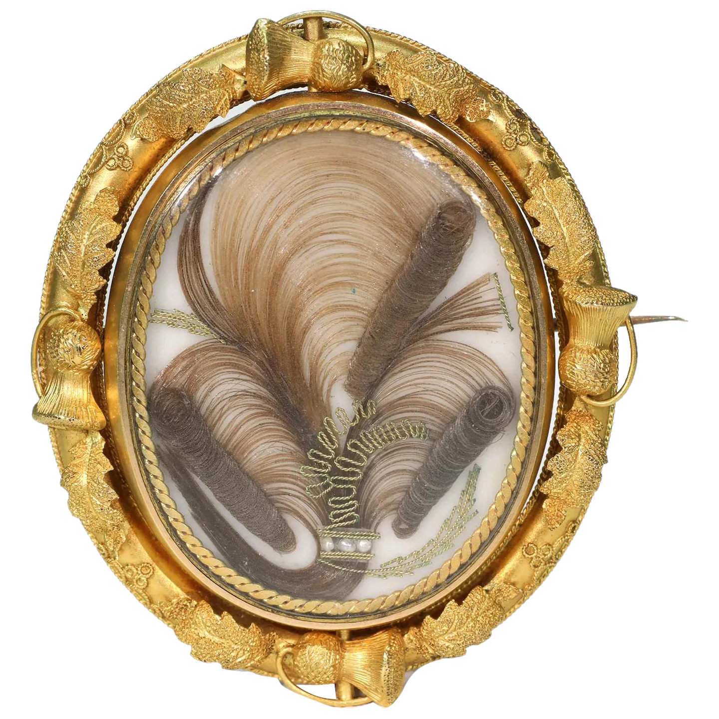 Early Victorian Gold Hair Memorial Brooch Thistles 15k