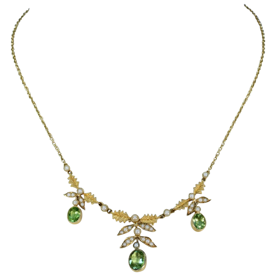 Edwardian 15k Gold Peridot Pearl Necklace Leaf Motif